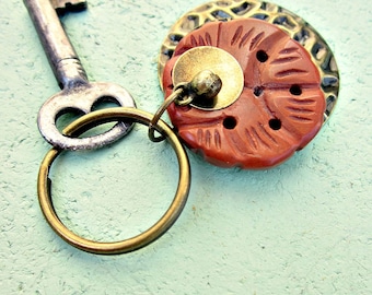 Rustic Brass Keyring or Purse Charm with Carved Red Stone and Brass Accents: Cinnabar SECONDS