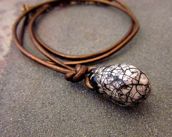 Unisex Necklace with White Paper Mache Pendant on Bronze Leather Cord: Stone Tear