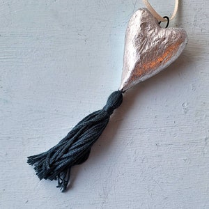 Silver Paper Mache Foil Leaf Heart Ornament with Tassel image 3