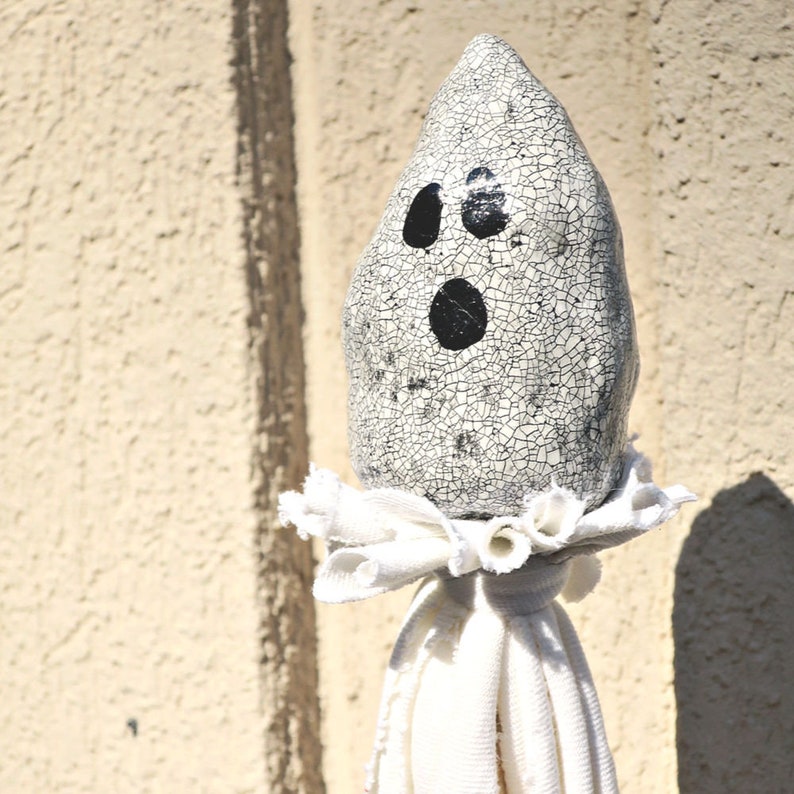 Paper Mache Ghost Stick Puppet with Salvaged Fiber