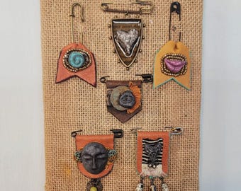 Rustic Leather Art Pin Brooch: Eclectic Scarf, Hat, Purse Accessory - Shipley Series 2