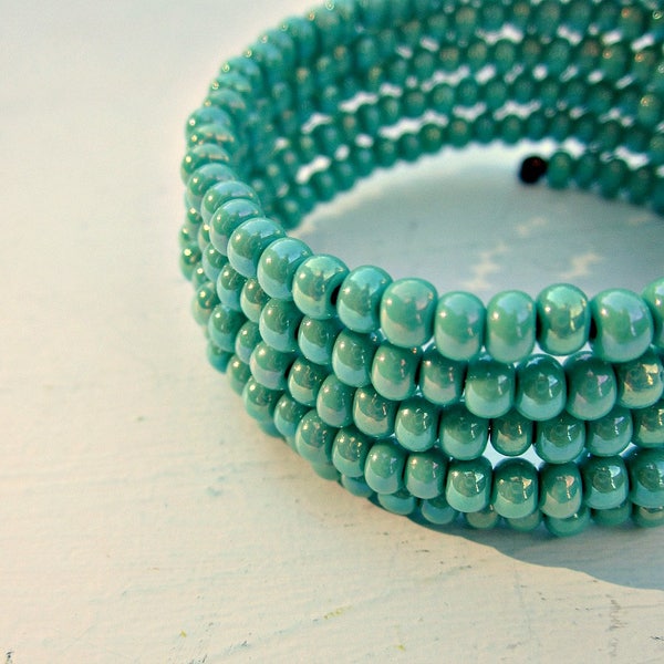 Bracelet, Green Glass Beaded Wrap Cuff: Quay