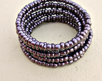 Wide Beaded Dark Silver Adjustable Memory Wire Cuff Bracelet