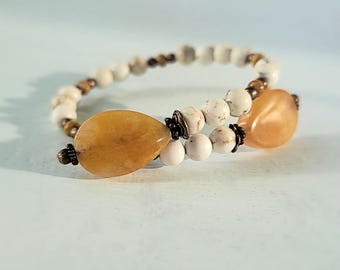 Beaded White Adjustable Memory Wire Cuff Bracelet with Warm Yellow Accents: Geri