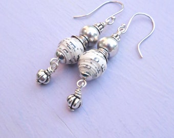 Silver Hook Dangle Earrings with Salvaged Paper Beads: Sigrid