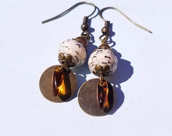 Earrings, Rustic Brass Dangles with Salvaged Paper Beads: Jamie