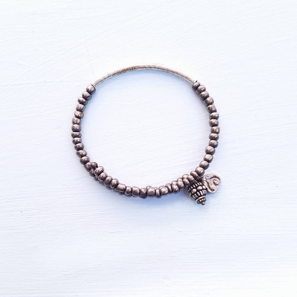 Beaded Dark Silver Adjustable Memory Wire Bangle Bracelet: Dove WAS 14.00