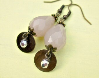 Faceted Pink Acrylic Teardrops and Glass on Rustic Brass Dangle Earrings: Paris WAS 13.00