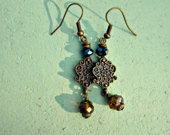 Earrings, Rustic Brass Filigree Dangles with Faceted Glass Beads: Chalice