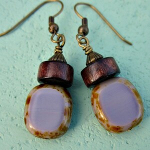 Fire Polished Lavender Glass and Dark Wood on Rustic Brass Dangle Earrings: Plunge image 3