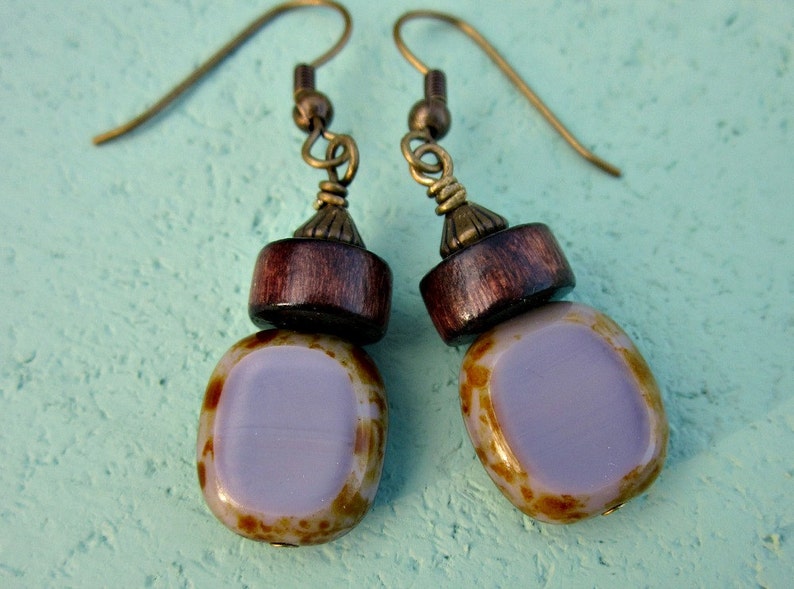 Fire Polished Lavender Glass and Dark Wood on Rustic Brass Dangle Earrings: Plunge image 3