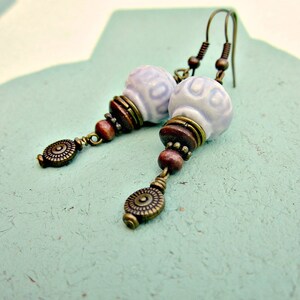 Earrings, Lavender Ceramic Bead and Bronze Dangles: Helene