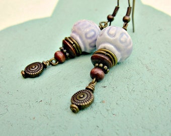 Earrings, Lavender Ceramic Bead and Bronze Dangles: Helene