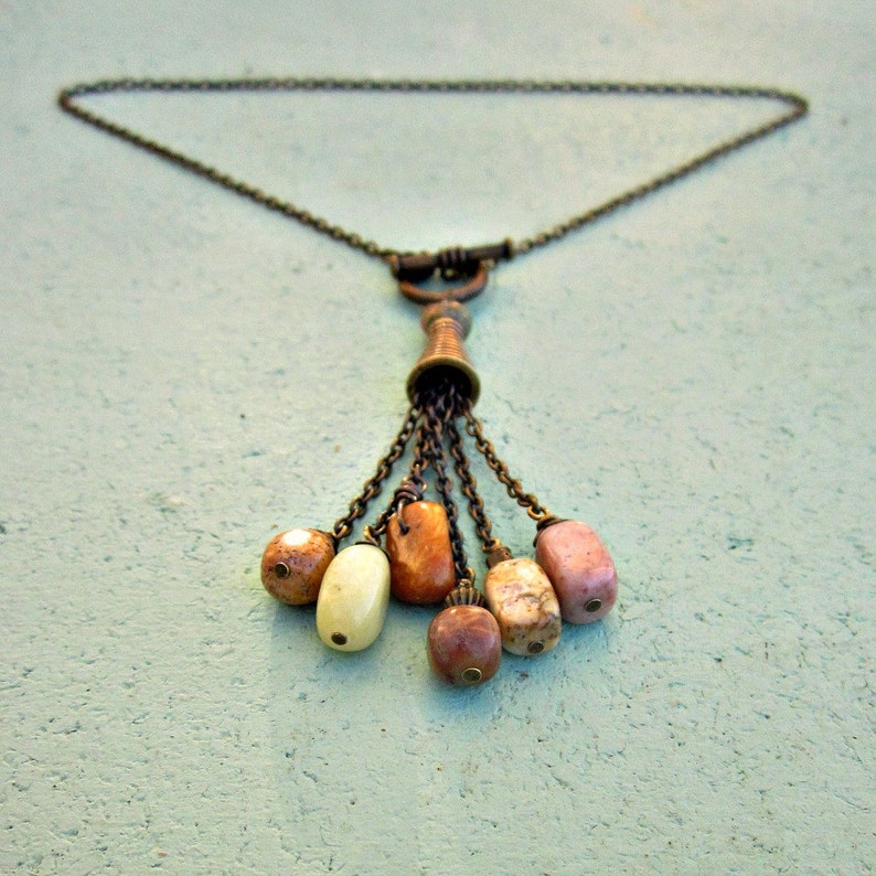 Adjustable Long Rustic Brass Front Clasp Y Necklace with Stone Etsy