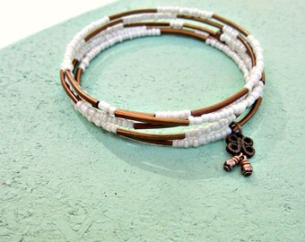 Memory Wire Bracelet, Adjustable Ivory Beaded Wrap Bangle with Rustic Copper Accents: Tessarae