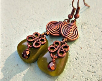 Green Glass and Rustic Copper Dangle Earrings: Hillside