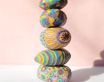 Paper Mache Stones: Set of Five Colorful Decorative Handsculpted Papier Mache Accent Stones in Assorted Colors, Carnival