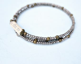 Bracelet, Adjustable Glass Beaded Bangle with Salvaged Paper Word Bead: Better Herself