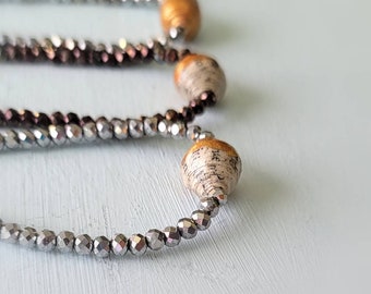 Beaded Crystal Necklace with Salvaged Paper Focal Bead: Waters