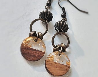 Rustic Bronze Dangle Earrings with Resin and Wood Disks: Sunset