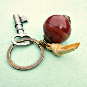 Rustic Brass Keyring or Purse Charm with Leather and Brown Glass Bead: Brody