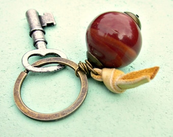 Rustic Brass Keyring or Purse Charm with Leather and Brown Glass Bead: Brody