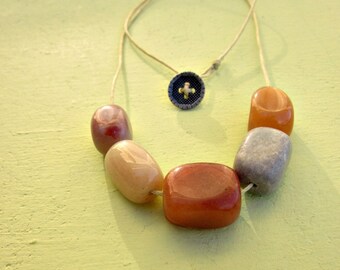 Beaded Stone on Tan Cotton Cord Necklace with Button Clasp: Rachel