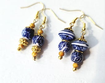 Blue Chinoiserie Style Bead Dangle Earrings: Han