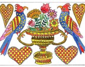 Two Birds with Urn of Flowers Fraktur ACEO by Theodora