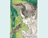 ACEO Kitty Cat Gray and White Tuxedo Grasshopper by Theodora