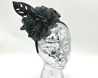 Gray and Black Fascinator with Black Leaf, Green Butterfly