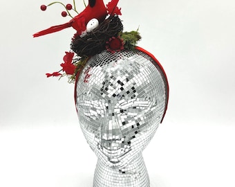 Red Bird Headband: Cardinal in Nest with Red Flowers and Fauna