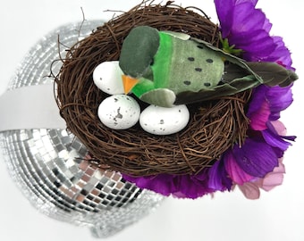 Bird Fascinator: Green Bird, Nest, Eggs with Purple Flowers