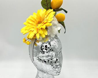 Sunny Fascinator: Lemons, Gerber Daisy, Hydrangea and Sunflower