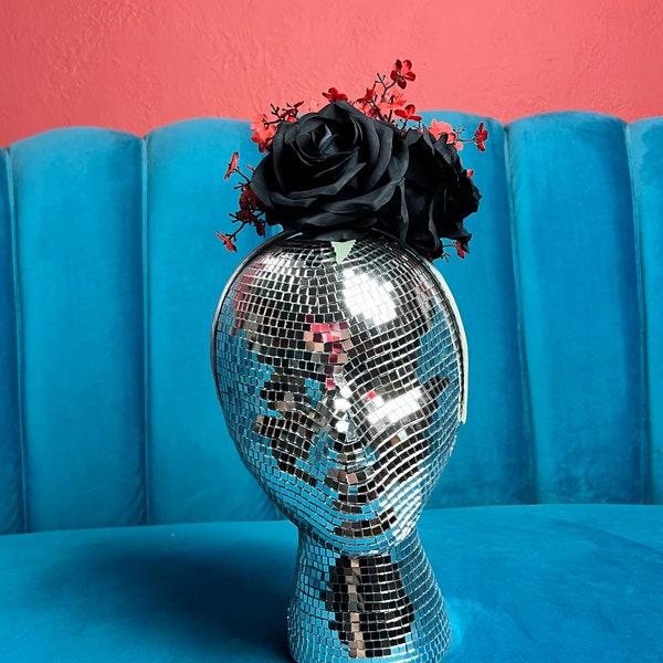 Black Rose, Red Baby's Breath, Silver Sophisticated Fascinator, Halloween Sophisticated Costume, New Years Eve Accessory