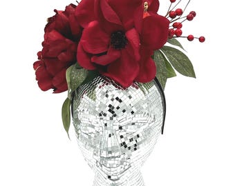 Massive Holiday Flower Crown: Red Peony, Magnolia, Berries & Christmas Balls