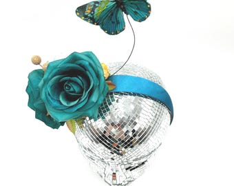 Blue Fascinator: Rose, Butterfly and Gold