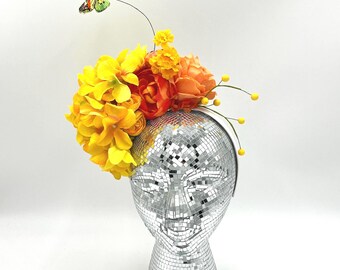 Chunky Yellow and Orange Fascinator: Hydrangeas, Roses, Sprigs of Yellow with Butterfly