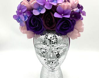 Frida Kahlo Inspired Flower Crown: Purple and Lilac Color Flowers; Roses, Peonies and Hydrangeas
