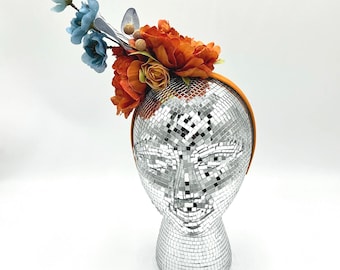 Fall Fascinator: Rust Orange and Blue Flowers with Gold Accents