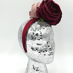 Wine Red Peony, Mauve Rose, Wine Red Silk Headband, Wedding Fascinator, Kentucky Derby Accessory, Flower Headband