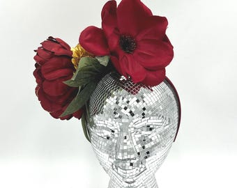 Deep Red Fascinator: Peony, Magnolia, Mum and Gold