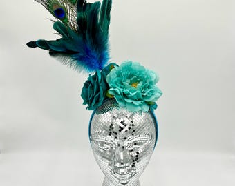 Peacock Fascinator: Feathers, Teal Rose, Peony and Ranunculous Headband