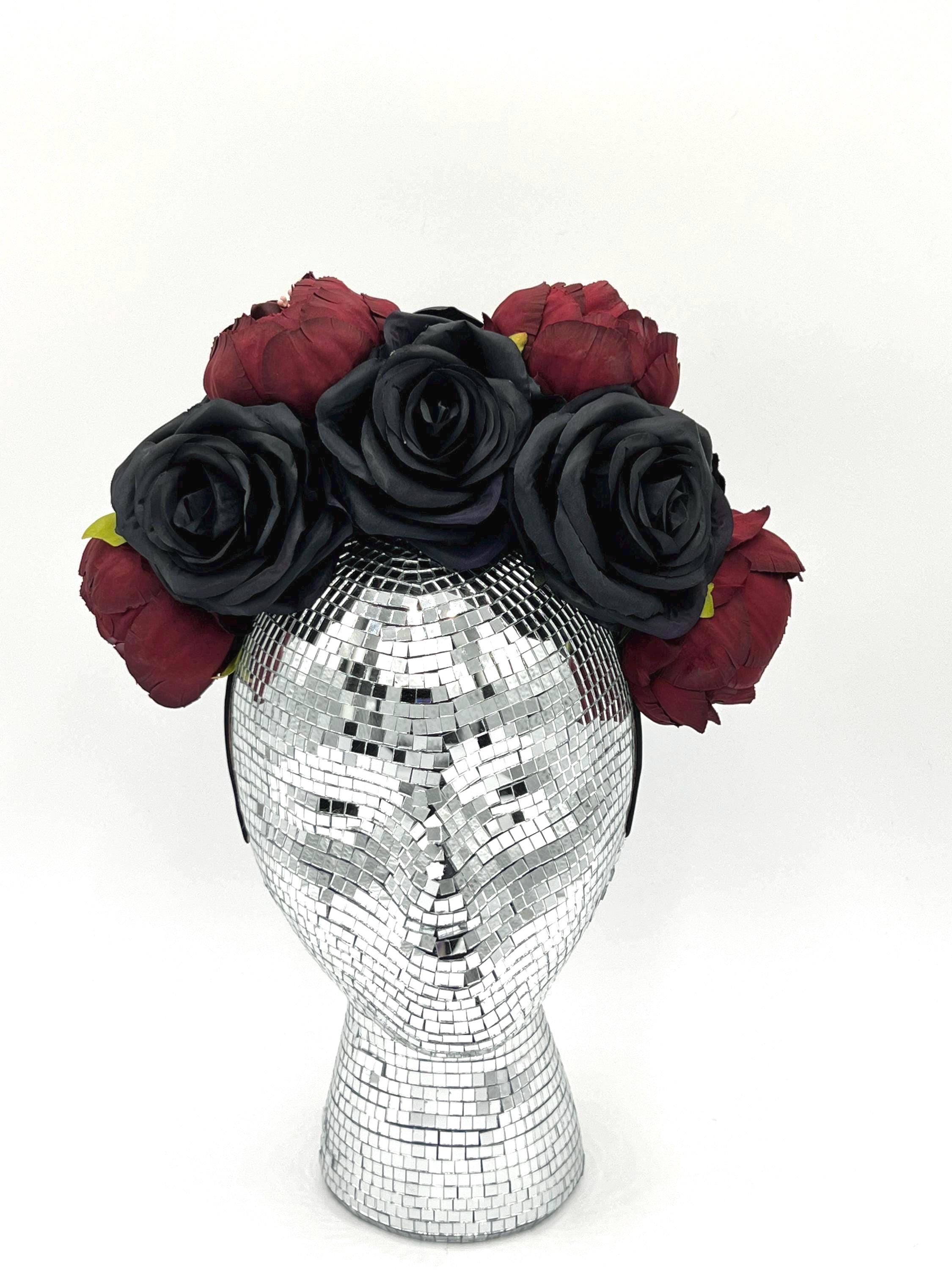 Black Roses & Wine Red Peonies Flower Crown: Frida Kahlo Inspired Headband