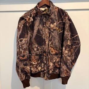 Chaqueta de caza vintage ScentLok para hombre, talla grande, camuflaje Mossy Oak, cremallera completa, botones a presión, bomber, fabricada en EE. UU. imagen 1