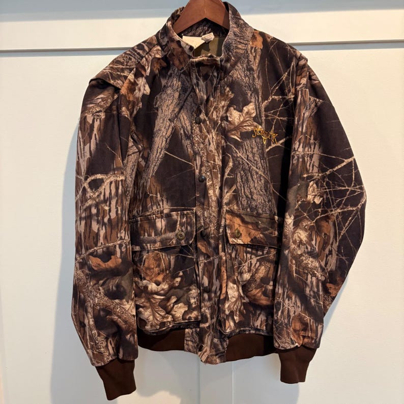 Chaqueta de caza vintage ScentLok para hombre, talla grande, camuflaje Mossy Oak, cremallera completa, botones a presión, bomber, fabricada en EE. UU. imagen 1