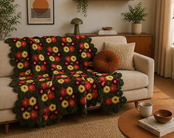 Coperta afghana vintage anni '70 fatta a mano all'uncinetto con motivo floreale, grande, verde, rosso e giallo