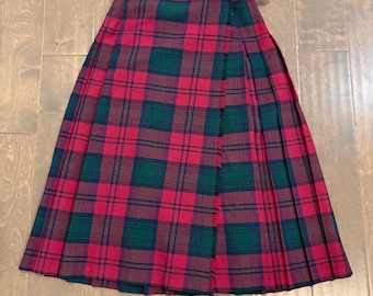 Falda escocesa de tartán de lana fina para mujer, 66 cm, cuadros rojos y verdes, plisada.