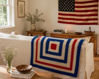 Vintage Patriotic Blanket Handmade Crochet Granny Square 42" Americana Throw