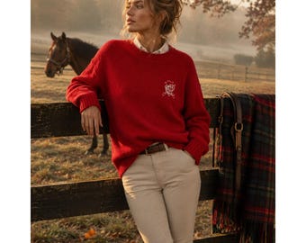vintage Polo Ralph Lauren PRL - Pull en coton monogrammé Rouge Hong Kong Grand